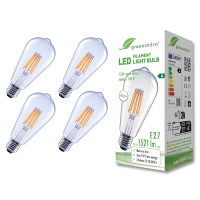 Immagine di greenandco 4 lampadine A filamento LED trasparenti E27 ST64 7,2 W 1521 lm sostituisce 100 3000 K bianco caldo 320 230 V senza sfarfallio Classe energetica non dimmerabile