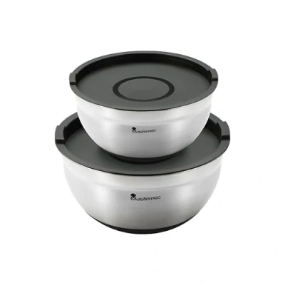 Immagine di MasterPRO FOODIES COLLECTION Set 4 pezzi ciotola per impastare in acciaio inox con coperchio scala di misurazione base antiscivolo resistente ed elegante
