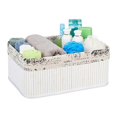 Immagine di Relaxdays Cesta in bambù Portaoggetti, con Rivestimento Stampe retrò, Rettangolare, 16,5x38x28,5 cm, Bianco, Poliestere, Cartone, 1 pz