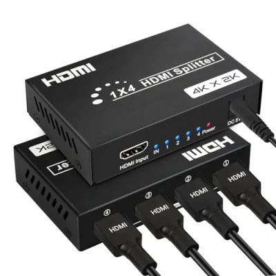 Immagine di Splitter HDMI 1 in 4 Out, 1x4 Sdoppiatore Divisore Duplica/Specchio per Monitor 4K@30Hz Supporta HDCP, 3D, 1080P Xbox, PS3, PS4, Proiettore, HDTV, Lettore Blu Ray