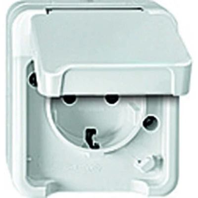 Immagine di Merten 1 parte Interruttore per ambienti umidi Completo Presa schuko con coperchio ribaltabile AQUASTAR bianco polare 4074943
