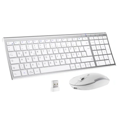 Immagine di iClever Set tastiera senza fili, e mouse wireless ricaricabili, layout QWERTZ (tedesco), ultra thin per computer/desktop/PC/laptop/Windows 10/8/7, bianco argento