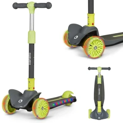 Immagine di LIONELO Timmy monopattino per bambini da 3 anni fino a 50 kg, tre ruote con regolazione in altezza, piattaforma antiscivolo, freno, e LED (VERDE, TIMMY)