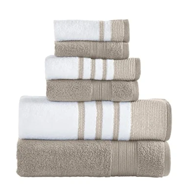 Immagine di Modern Threads Set da 6 pezzi, 2 asciugamani bagno, per le mani, salviette, asciugatura rapida bianco/contrasto Reinhart Tan