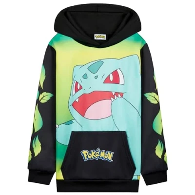 Immagine di Pokémon Felpe con Cappuccio per Bambini e Ragazzi, Felpa Comoda Tasca a Canguro (Nero/Giallo Bulbasaur, 11 12 Anni)