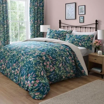 Immagine di Dreams &amp; Drapes Copripiumino verde foglia di tè floreale e uccello letto king size (230 x 220 cm) Reversibile (2 fantasie) 3 pezzi Biancheria da vintage in scuro