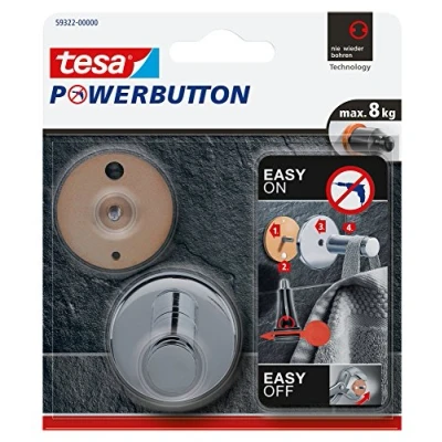 Immagine di Tesa Powerbutton Gancio autoadesivo universale, in metallo cromato, portata massima: 8 kg, colore: Argento lucido