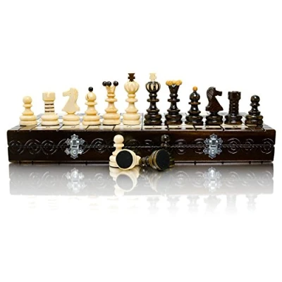 Immagine di Master of Chess Scacchiera in Legno “PEARL XL 42 cm Fatto a Mano Portatile Grandi Set di Scacchi Pieghevoli per Bambini e Adulti
