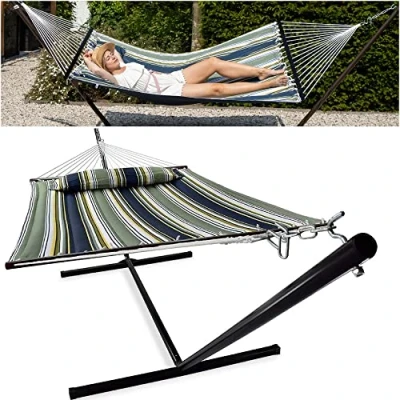 Immagine di VITA5 Amaca da Giardino con Supporto per Ore di Rilassamento Due Persone Perfetta Riposarsi Insieme Telaio in Metallo Resistente e Duraturo Sospesa Portatile