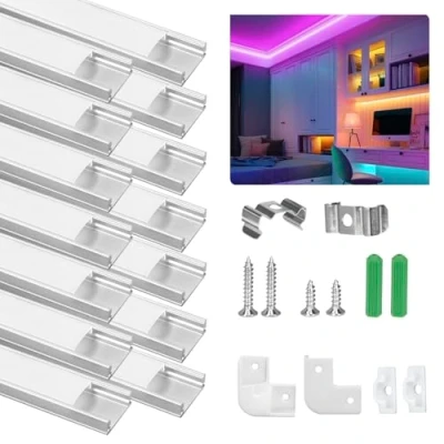 Immagine di Ykall Profilo in Alluminio LED, 14 x 1M/3.3ft U Forma con Copertura Bianco Latte Trasparente, Clip di Montaggio e Tappi Terminali Metallo, Compatto Facile da Tagliare Installare Argento