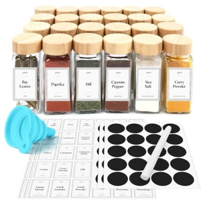 Immagine di Joejis Barattoli per spezie con coperchi ed etichette, set di 24 contenitori in vetro da 120 ml, coperchio bambù, soluzione ideale conservare erbe aromatiche