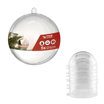 Immagine di sfera in plastica acrilica A66805, diametro 8 cm, trasparenti con occhiello per appenderle, 2 parti, 5 pezzi, palline plexiglas, di Natale, trasparente