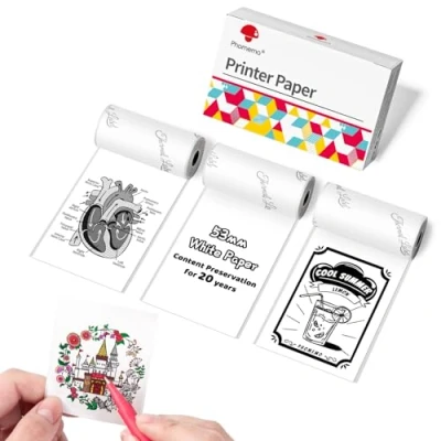 Immagine di Phomemo Carta Termica Bianca per Stampante Portatili Mini T02, M02, M02PRO, M02S, M02X, M02L, M03, M03AS, M04S, M04AS, le Stampe Possono Essere Conservate 20 Anni, 53mm x 3,5 m, 3 Rotoli