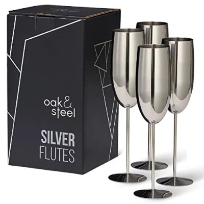 Immagine di Oak &amp; Steel 4 Calici da Champagne in Acciaio Inox, 285ml Durevoli e Infrangibili, Mantengono Freddo lo Altre Bevande Confezione Regalo con Design Raffinato