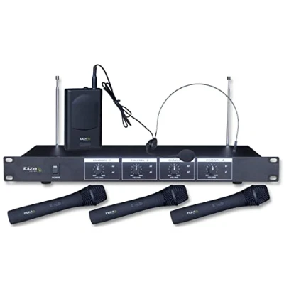Immagine di Ibiza VHF4 Sistema microfonico wireless con 3 microfoni palmari VHF, 1 microfono per cuffie VHF e ricevitore 4 canali 202.1, 203.5, 205.8 207.5MHz nero