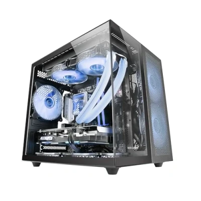 Immagine di Mars Gaming MC NOVAM, Case Compatto Custom MicroATX, Vetro Temperato Continuo Doppia Finestra, Telaio Modulare Camera, Griglia Frontale, Supporto Raffreddamento Liquido, Connettore USB C, Nero