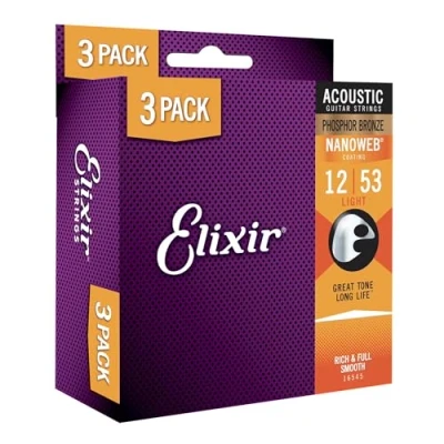 Immagine di Elixir Strings Corde per chitarra acustica Strings, Phosphor Bronze con rivestimento NANOWEB, tono brillante che dura nel tempo e tocco confortevole confezione da 3, Light 12 53