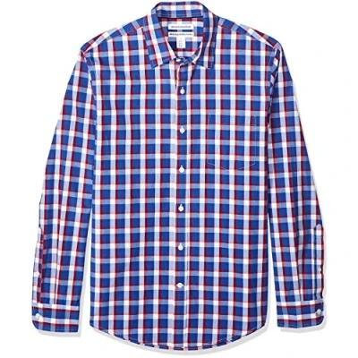 Immagine di Amazon Essentials Camicia in Popeline a Maniche Lunghe Slim Uomo, Blu Chiaro Rosso Motivo Scozzese, XXL