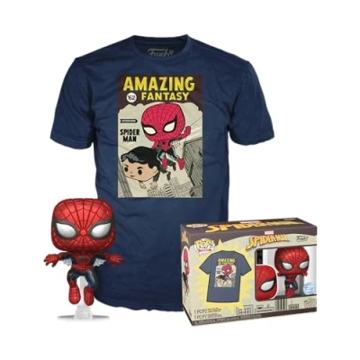 Immagine di Funko POP! &amp; Tee: Spider Man Comic Cover Metallico Large Q1 Pop Tee T Shirt, Maglietta Vestiti con Figura in Vinile da Collezione Idea Regalo Giocattoli e Top a Maniche Corte Uomini