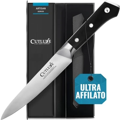 Immagine di Cutluxe Coltello Utility, 14cm, Spelucchino Coltelli da Cucina, Acciaio al Carbonio,Lama Affilata e Resistente, Artisan Series