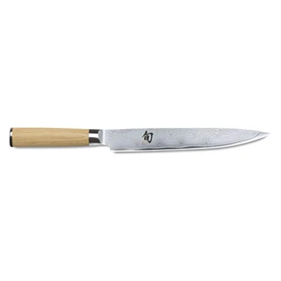 Immagine di KAI Shun Classic White coltello da prosciutto giapponese 23 cm lunghezza lama damasco 32 strati nucleo VG MAX 61 (±1) HRC manico in legno di Pakka carne forgiato