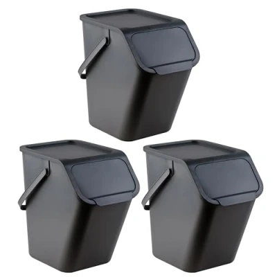 Immagine di Go Practic set di 3 pattumiere e filtri bio in fibra carbonio, impilabili, con coperchio a scatto, per raccolta differenziata, cucina, colori, 25 l ciascuna