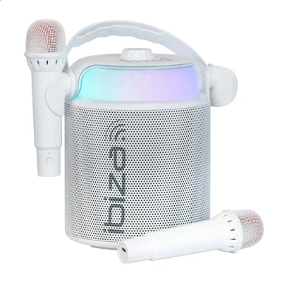 Immagine di Ibiza KARAHOME WH Altoparlante KARAOKE a batteria con due microfoni wireless (a batteria) Bluetooth, USB, MicroSD, AUX e COAX Bianco