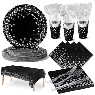 Immagine di Nkaiso Compleanno stoviglie per Feste Nero e argento 141 Pezzi Carta Set Include Piatti di Tovaglioli Tazze Riutilizzabile 20 Ospiti