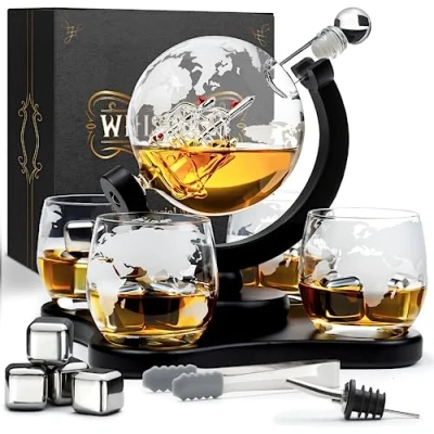 Immagine di WHISISKEY Decanter per Whisky Set Regalo Idee Uomo Compleanno Globe 900ML, Scatola Regalo, 4 Bicchieri da x 285ML, Pietre di Whisky, Accessori