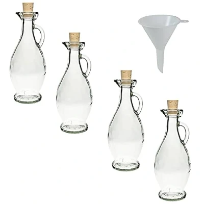 Immagine di Viva Haushaltswaren 4 caraffe in vetro con tappo sughero da riempire autonomamente, forma elegante, capacità 250 ml, imbuto diametro 7 cm incluso