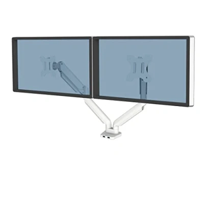Immagine di Fellowes 8056301 Braccio monitor doppio Platinum Series, con funzioni di oscillazione, inclinazione, rotazione, 2 porte USB, dimensioni massime 27&quot; (9 kg), colore bianco