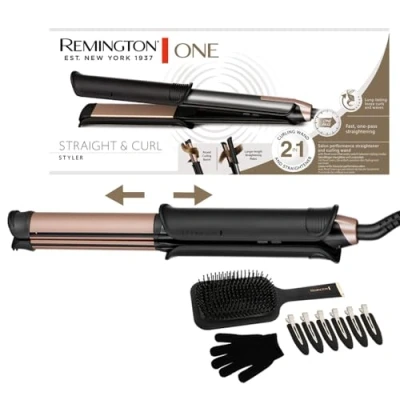 Immagine di Remington ONE Piastra per Capelli e Arricciacapelli Multistyler 2 in 1 Modalità lisciatura/arricciatura con superficie esterna riscaldata; Spazzola, clip, guanto, display digitale 150 230, S6078