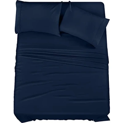 Immagine di Utopia Bedding Set di lenzuola per letto singolo, in microfibra spazzolata, resistente al restringimento e allo sbiadimento, facile da pulire (matrimoniale, blu denim), 3 pezzi