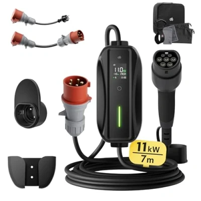 Immagine di dé Mobile Wallbox/stazione di ricarica da 11 kW [3 fasi7 m6 16 A] con adattatore base, cavo CEE 16A a tipo 2 ed EV caricatore per modello Y/3, ID.3/4/5, MG4, EX30, e up, tron, Zoe