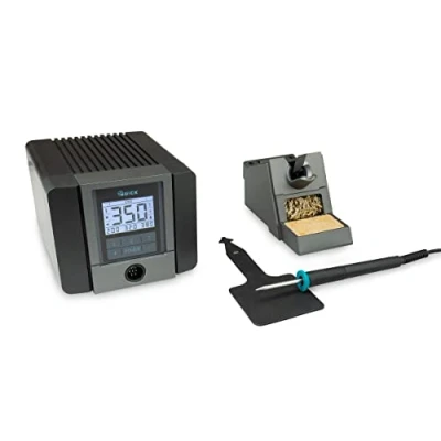 Immagine di Quick TS1200 Stazione saldante digitale regolabile ESD 120 Watt con saldatore cartuccia Rapid da 1 mm e accessori SMD per industria, laboratorio, scuola hobby in 7 secondi a 350 C