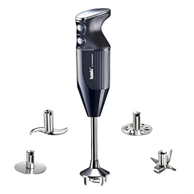 Immagine di bamix Frullatore a immersione M350 MAXX incl. lama multiuso, per carni e verdure, frusta, frullino in acciaio inox, 350 watt, 2 velocità, Made Switzerland, Nero/cromo
