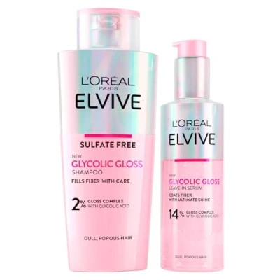 Immagine di L&#039;Oréal Paris Elvive Glycolic Gloss Shampoo Illuminante con Acido Glicolico 200ml + Siero Senza Risciacquo per Capelli Porosi e Spenti Lucentezza Intesa Duratura 150ml 2 Flaconi