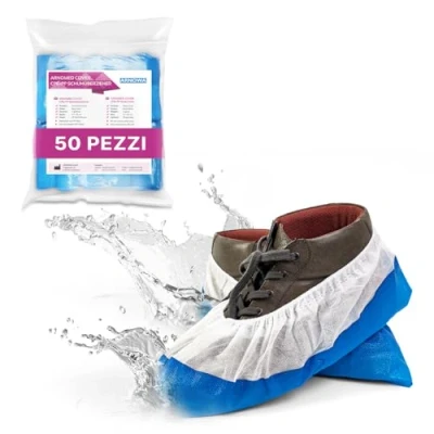 Immagine di ARNOMED Copriscarpe monouso in CPE + PP, calzari usa e getta PP bianchi con suola blu, 50 pezzi, copri scarpe da casa taglia unica: 17x40cm, sovrascarpe per cantiere