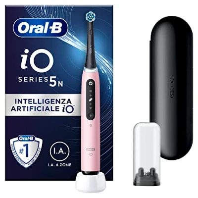 Immagine di Oral B Spazzolino Elettrico Ricaricabile iO 5N, Sensore di Pressione, Intelligenza Artificiale, 5 Modalità Spazzolamento, 1 Testina, Spazzolino, Custodia da Viaggio, Rosa, Idea Regalo