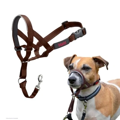 Immagine di HALTI Cavezza per impedire al cane di tirare guinzaglio, regolabile, riflettente e leggera, con nasello imbottito, collare anti tiro, addestramento cani piccoli (Taglia 1, noce scuro)