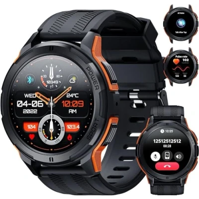 Immagine di OBA OUKITEL BT10 Smartwatch Uomo con Chiamate Bluetooth, 1,43 Pollici AMOLED Display, Batteria 410mAh, Orologio Impermeabile 5 ATM Cardiofrequenzimetro Monitor Sonno per Android iOS, Arancione