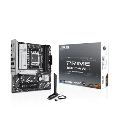 Immagine di ASUS PRIME B840M A WiFi, Scheda Madre AMD mATX, slot DDR5, PCIe 4.0 Ready, 3 M.2, WiFi 6E, Ethernet Realtek 2,5 GB, DisplayPort, HDMI, USB C da 5 Gbps Fronte e Retro, BIOS Flashback Aura Sync