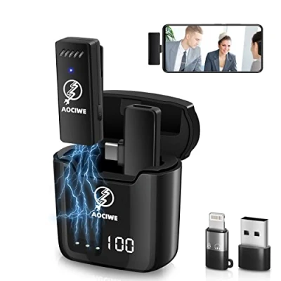 Immagine di AOCIWE Microfono Wireless Lavalier 2 Trasmettitori E 1 Ricevitore, Custodia Di Ricarica Per Display Digitale, Youtube Zoom Altre Registrazioni Video Live