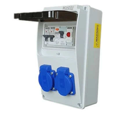 Immagine di RoadEu Distributore di corrente 230V, 2x presa Schuko BALS, spia LED rossa, prese con RCD 40A tipo A/AC, interruttore C16A. da cantiere IP44.