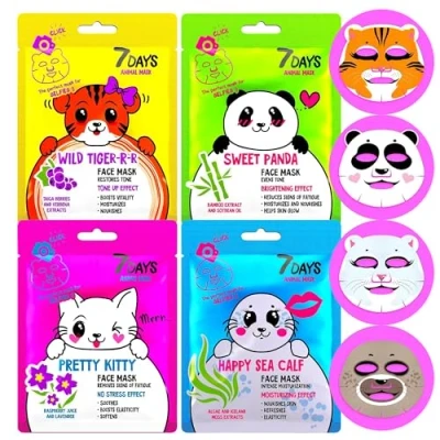 Immagine di 7DAYS Maschera Viso in Tessuto ANIMAL Set Skincare per Coreana con Aloe vera, Vitamana C, E, A, B, Niacinamide e Burro di Karité Maschere Idratante Antirughe Regalo Ragazza o Donna, 4x28g