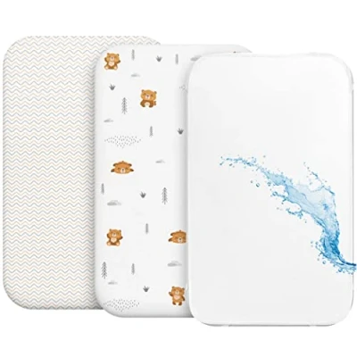 Immagine di Lenzuola 3 in 1 Culla Cododo con Angoli (Set da 2) + Coprimaterasso Impermeabile Elastico 55x90 cm Per Co sleeping, Lettino Bimbo Bimba Arancione