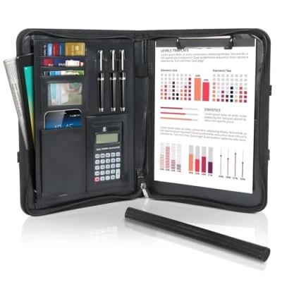 Immagine di Cinnani Cartella Portadocumenti A4 con Calcolatrice, Portablocchi Cartellina in Pelle Multi Tasca e Cerniera per Colloqui, Conferenze, Viaggio, Porta Documenti Organizer Nero