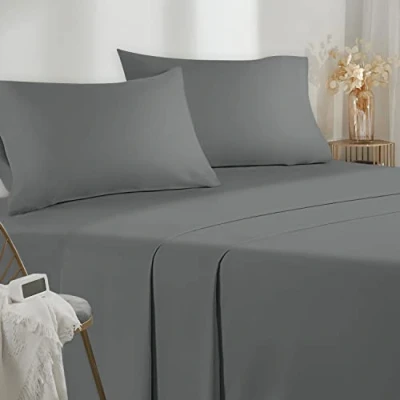 Immagine di Poligino Lenzuola Una Piazza e Mezza 140 Completo 4 Pezzi in Microfibre Lenzuolo con Angoli Sopra 2 Federa 50x80 140x190/200cm Grigio Scuro