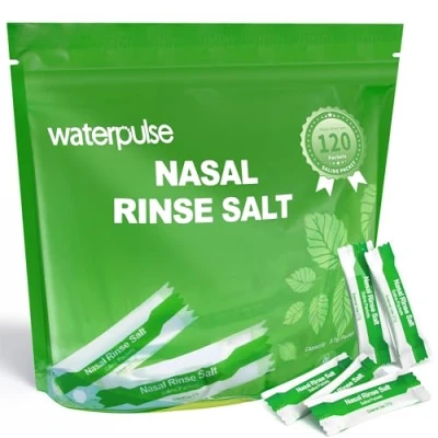 Immagine di Waterpulse 120 pacchetti salini premiscelati Neti Pot confezionati singolarmente, di risciacquo nasale per sistema irrigazione nasale, bottiglia da spremere vasi nasali, menta