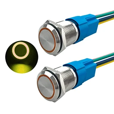 Immagine di Aiqeer 2 Pezzi 16 mm Interruttore a Pulsante Momentaneo, 12V / 24V 5A di Accensione per Auto, in Metallo con Presa Precablata (LED Giallo)